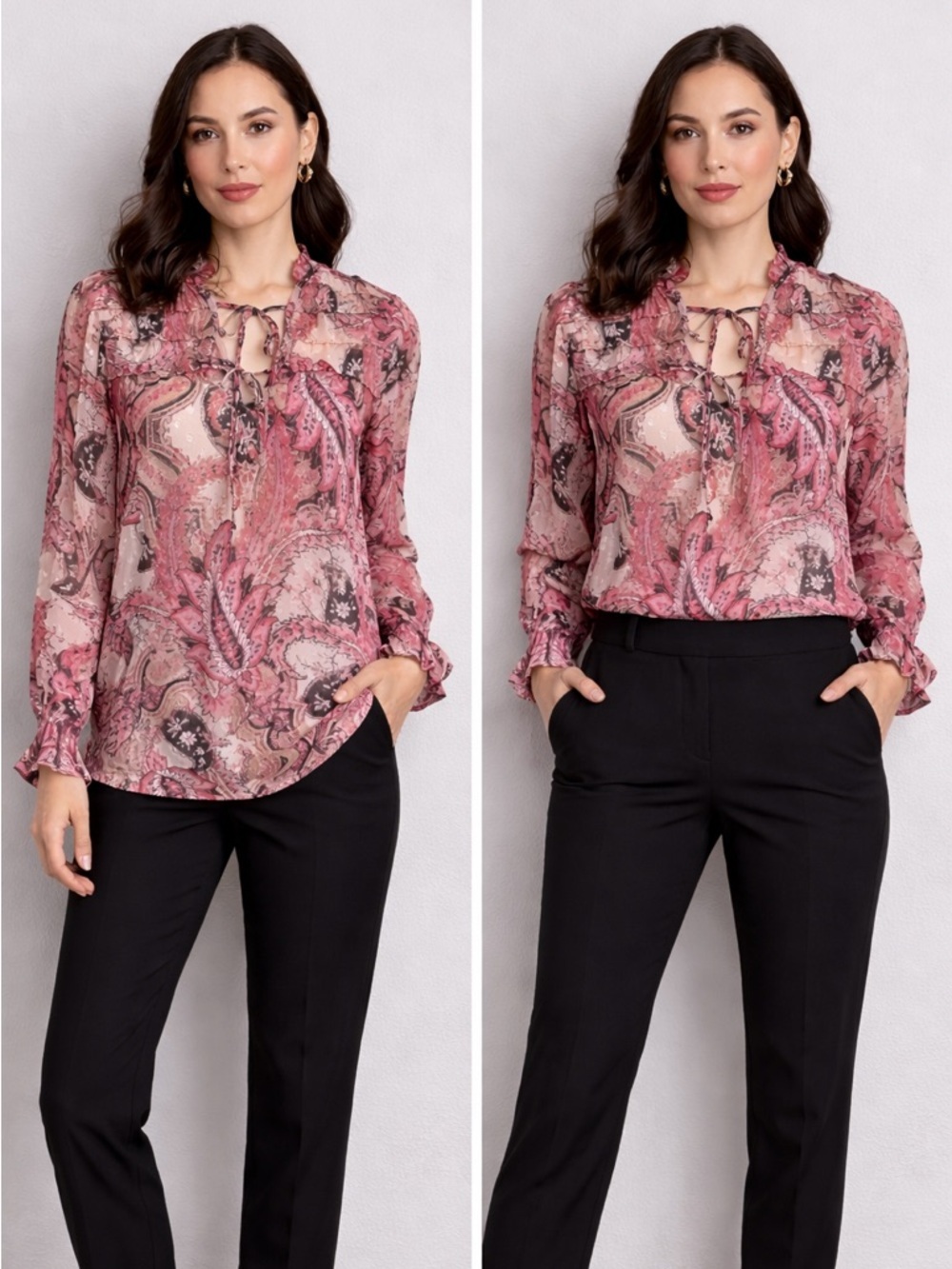 Pink Paisley Sheer Flowy Blouse Tie-Neck Long Sleeve Ruffle Trim Sz S